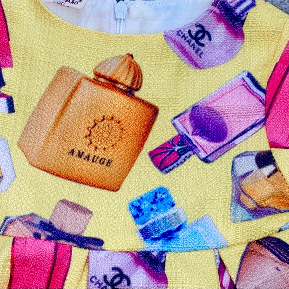 NWT 2T Boutique Baby Girls Designer Perfume Print Chanel Logo Yellow Dress - Picture 3 of 6